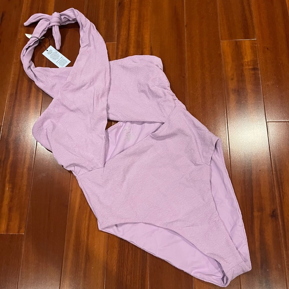 JMP One Piece Swimsuit Lavender Purple Textured Plunge Cross Neck Tie New Medium
